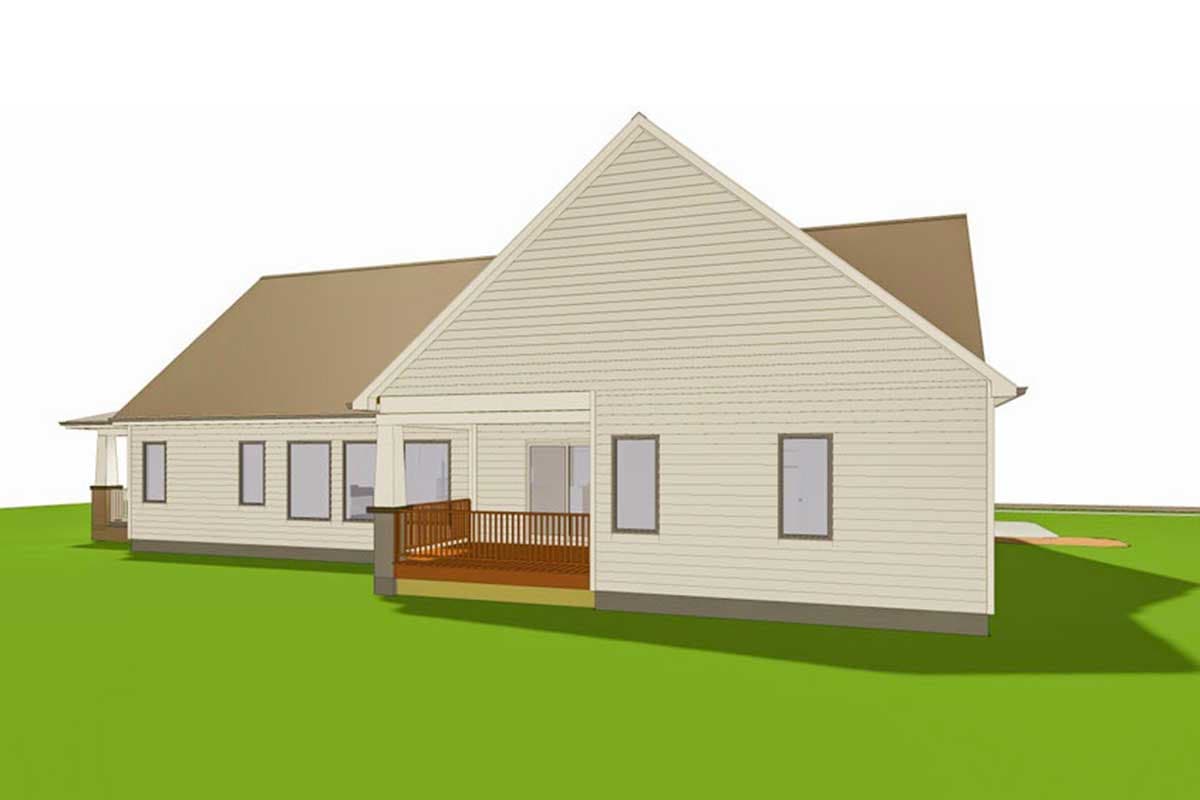 House plan exterior: single-story, wide gabled roof, covered porch, and wooden deck.