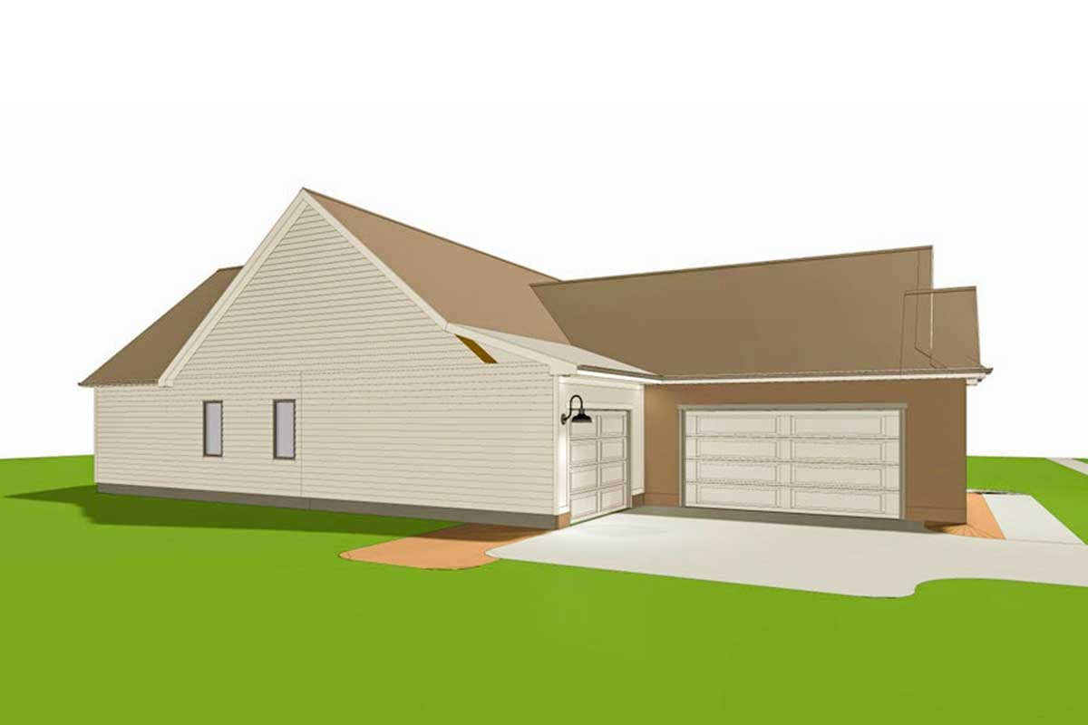 House plan exterior view of a single-story home with a side-entry three-car garage, gabled roof, and vinyl siding.