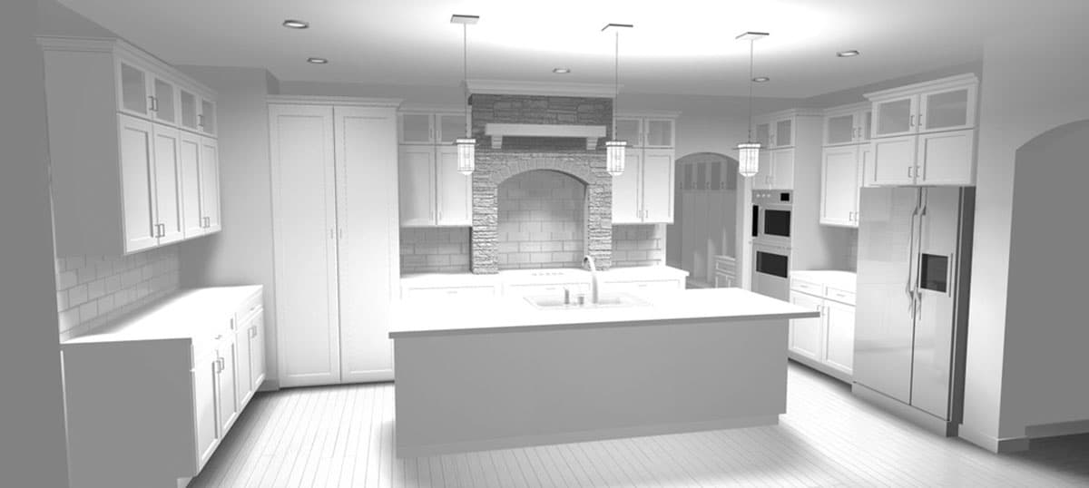 Kitchen rendering with island, stone range hood, subway tile backsplash, white cabinetry, and double ovens.