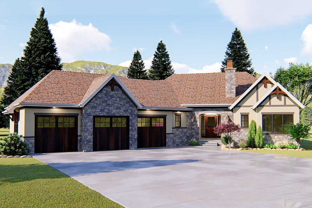 Craftsman house plan exterior, one story, stone facade, three-car garage, gable rooflines, prominent chimney.