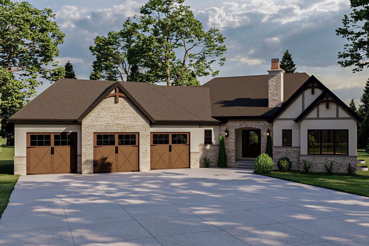 House plan exterior featuring a Craftsman style. The one-story home has a three-car garage, stone facade, and a gabled roofline.