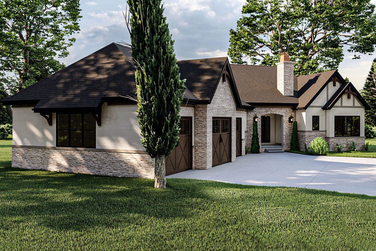 House plan exterior: One-story Modern Farmhouse with stone and stucco facade, prominent gables, stone chimney, and a three-car garage.