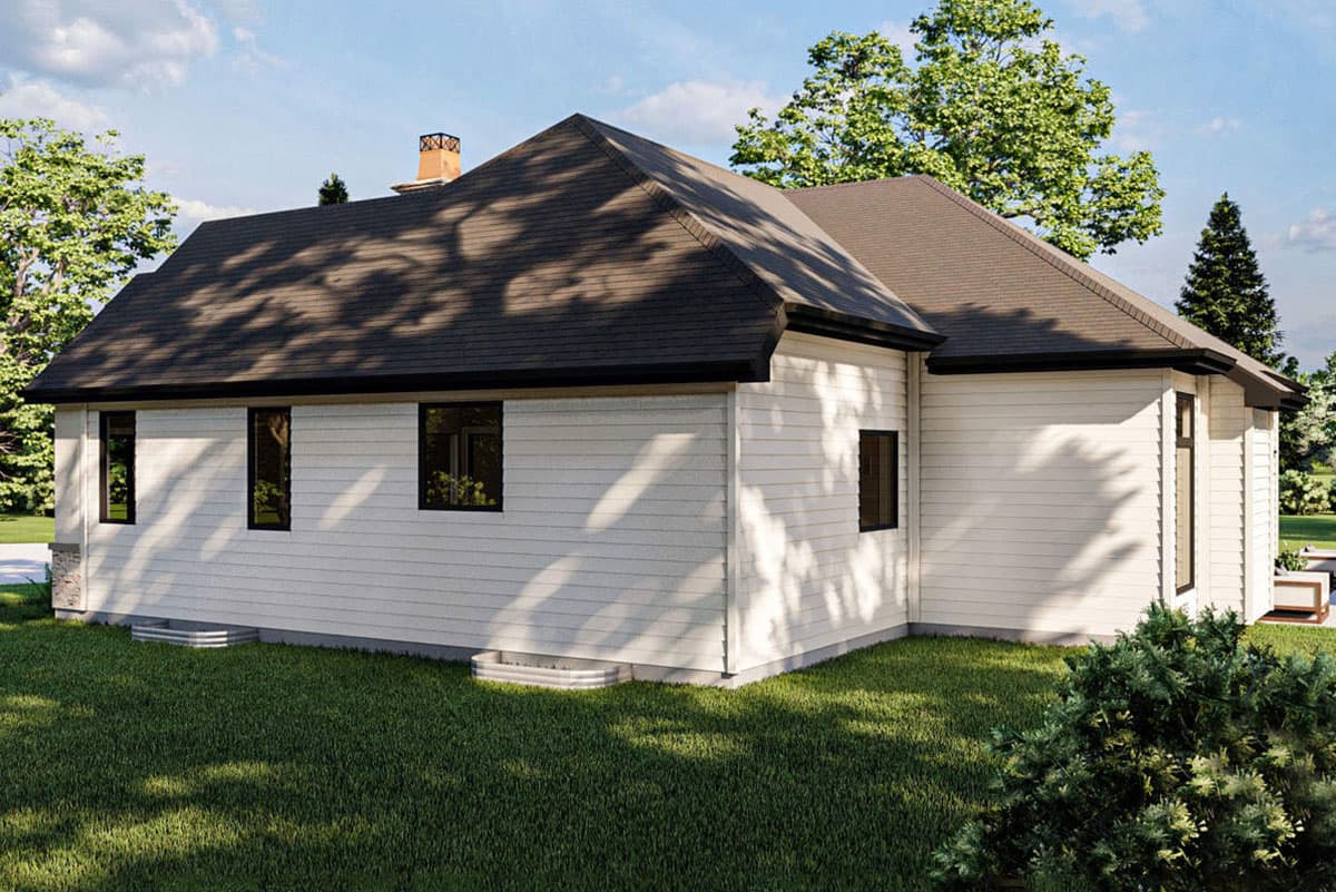 House plan exterior: Single-story modern home with white horizontal siding, dark-trimmed windows, and a prominent gabled roof.