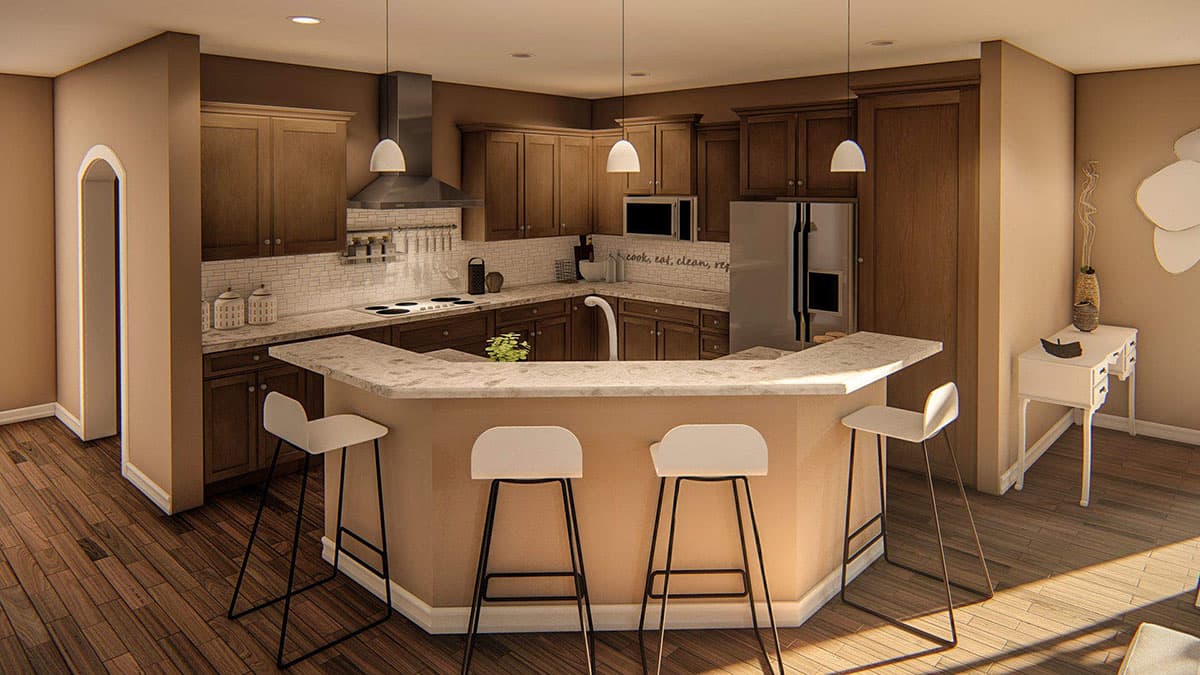 Modern kitchen with dark wood cabinets, white tiled backsplash, island with bar seating, stainless steel appliances, and pendant lights.