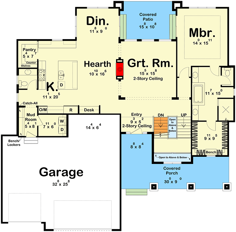 Plan 62550DJ: Two-Story Traditional Hill-Country House Plan with 4-Bedrooms - 2955 Sq Ft - Floor Plan - Main Level - Hill Country, Mountain, Northwest, Ranch