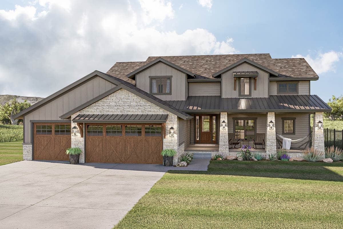 House plan exterior. Two-story Modern Farmhouse with stone accents, a covered front porch, and a side-entry garage with paneled doors.