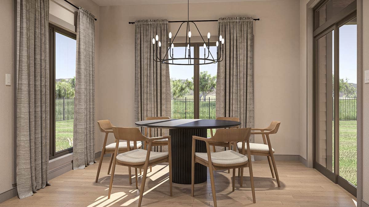 Dining room rendering with round pedestal table, six wood chairs, and large windows with patterned curtains.