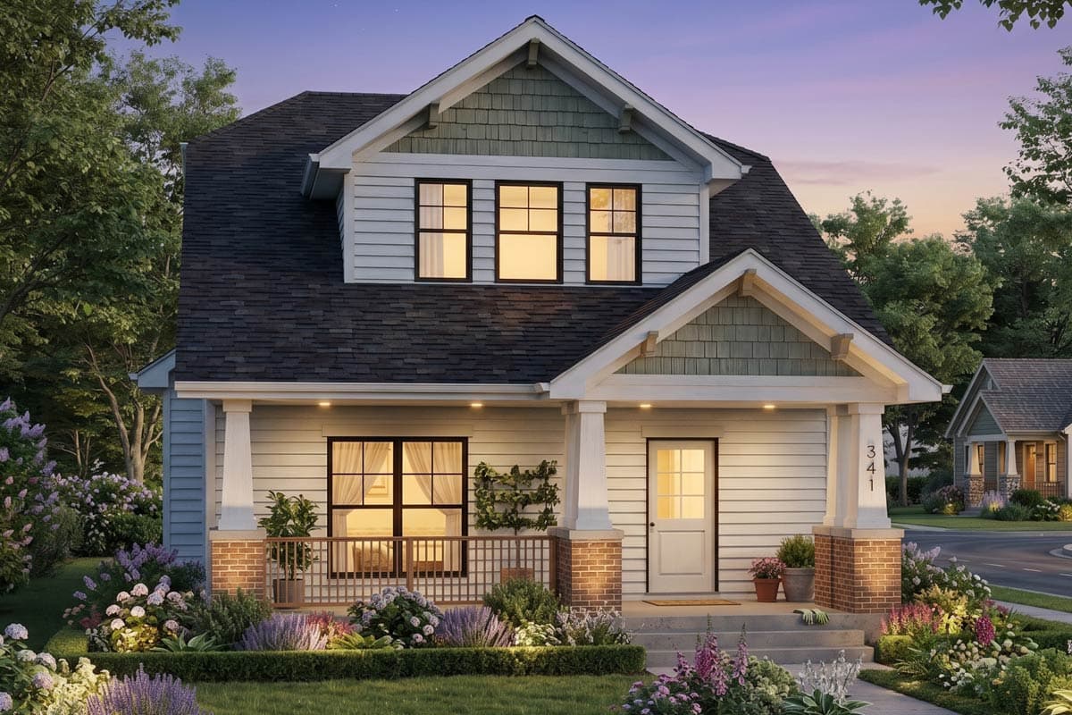 House plan exterior: Two-story Modern Farmhouse with prominent gable ends, large front porch, and shingle accents.