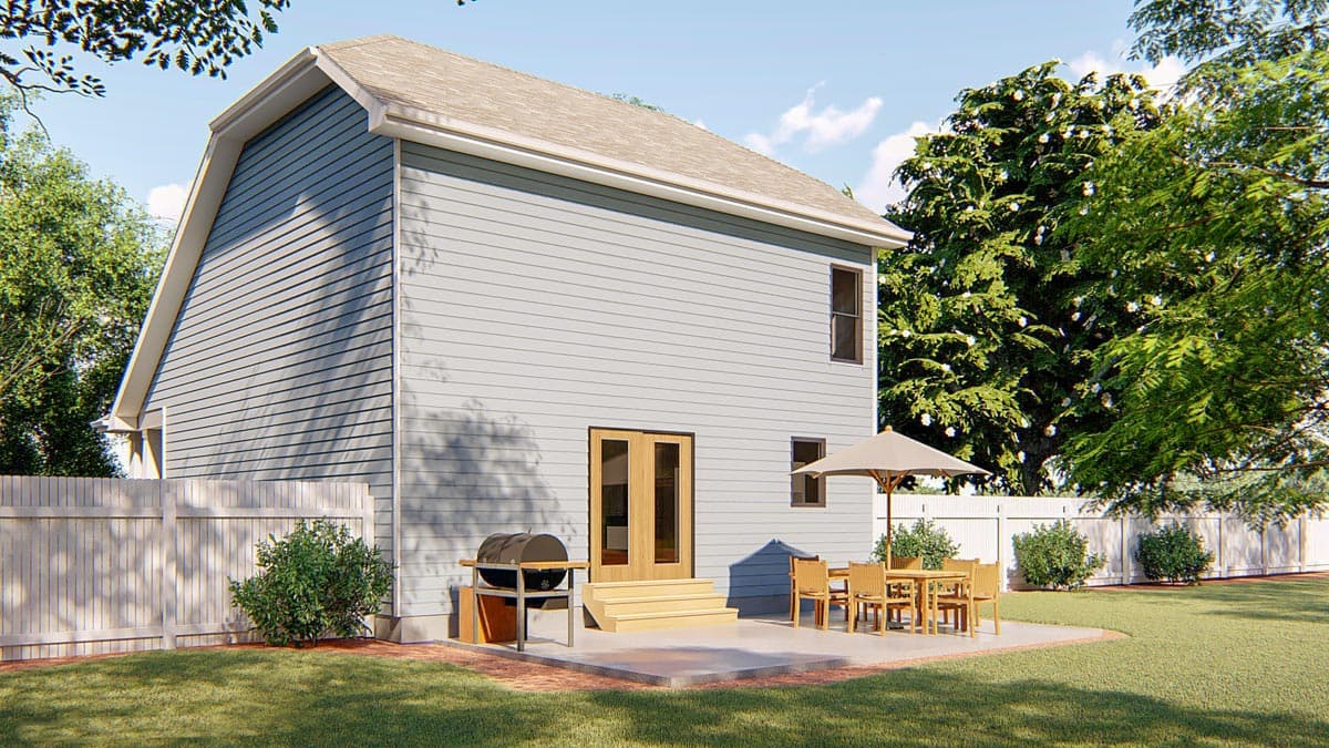 House plan exterior rendering, two-story home with vinyl siding, gambrel roof, and double doors opening to patio.