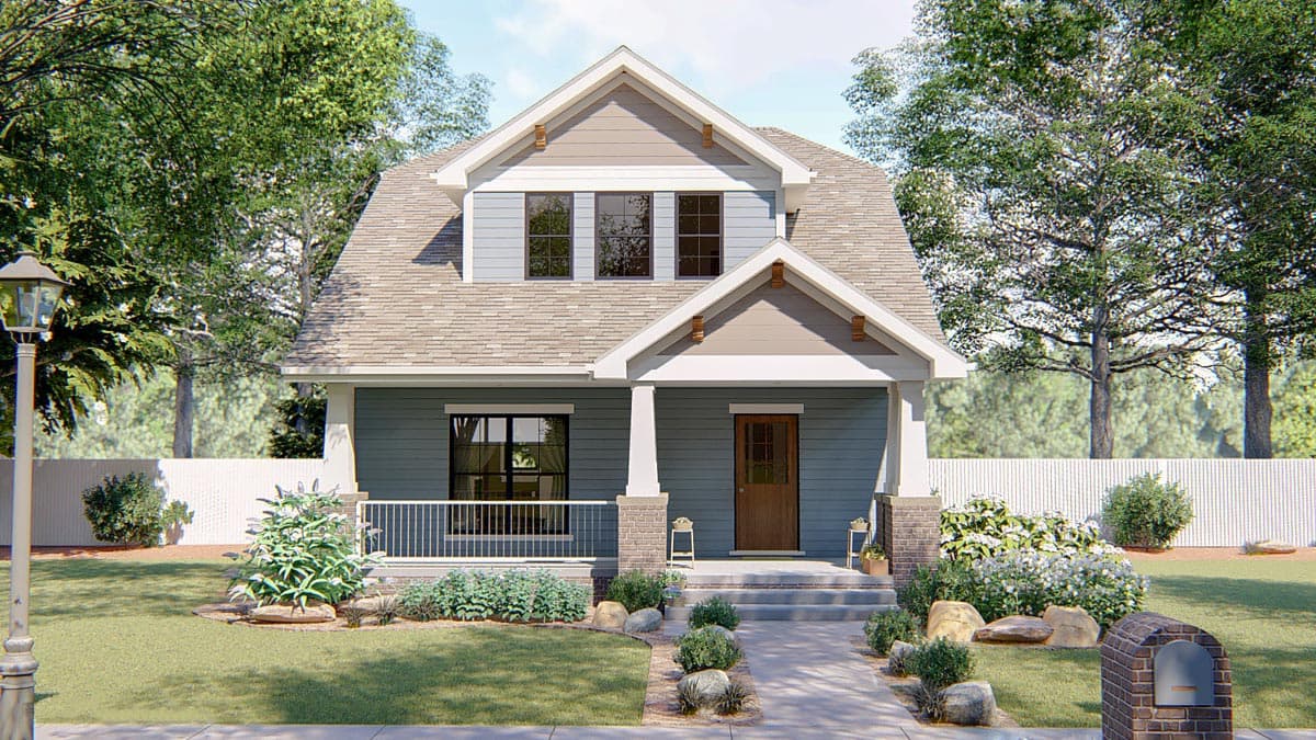 House plan exterior. Craftsman style, two stories. Features include a front porch with columns, a gabled roof, and dormers.