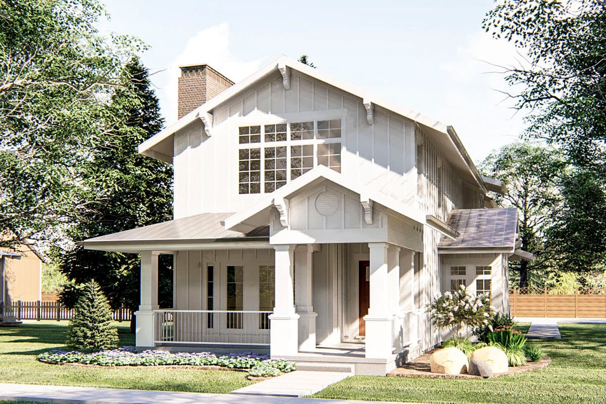 Two-story Modern Farmhouse house plan exterior with a porch, gabled roof, and large front window feature.  Includes chimney and siding.