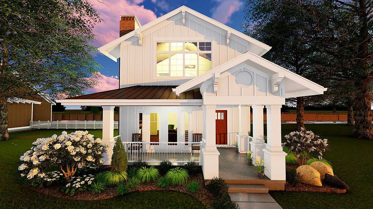 Modern Farmhouse house plan exterior. Two stories with a wraparound porch, board and batten siding, and prominent gables.