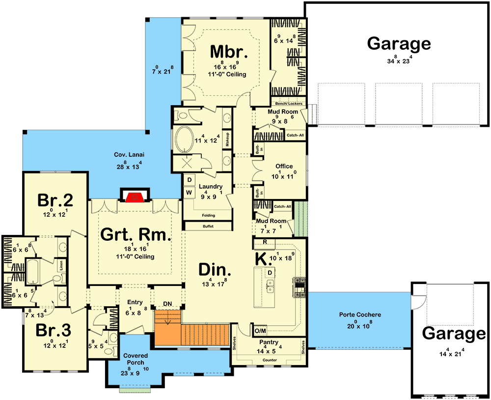 Plan 62553DJ: Mediterranean-influenced House Plan with Secluded Master Suite - Floor Plan - Main Level - Coastal, European, Florida-Style, Mediterranean, Tuscan