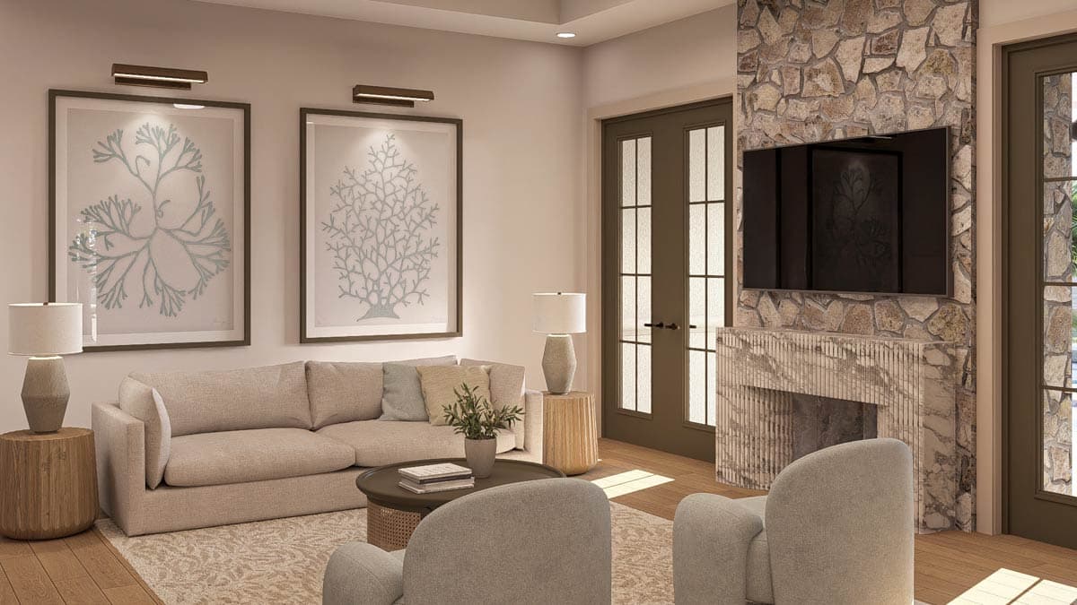 Living room with stone fireplace, mounted TV, double doors, sofa, two chairs, and abstract wall art.