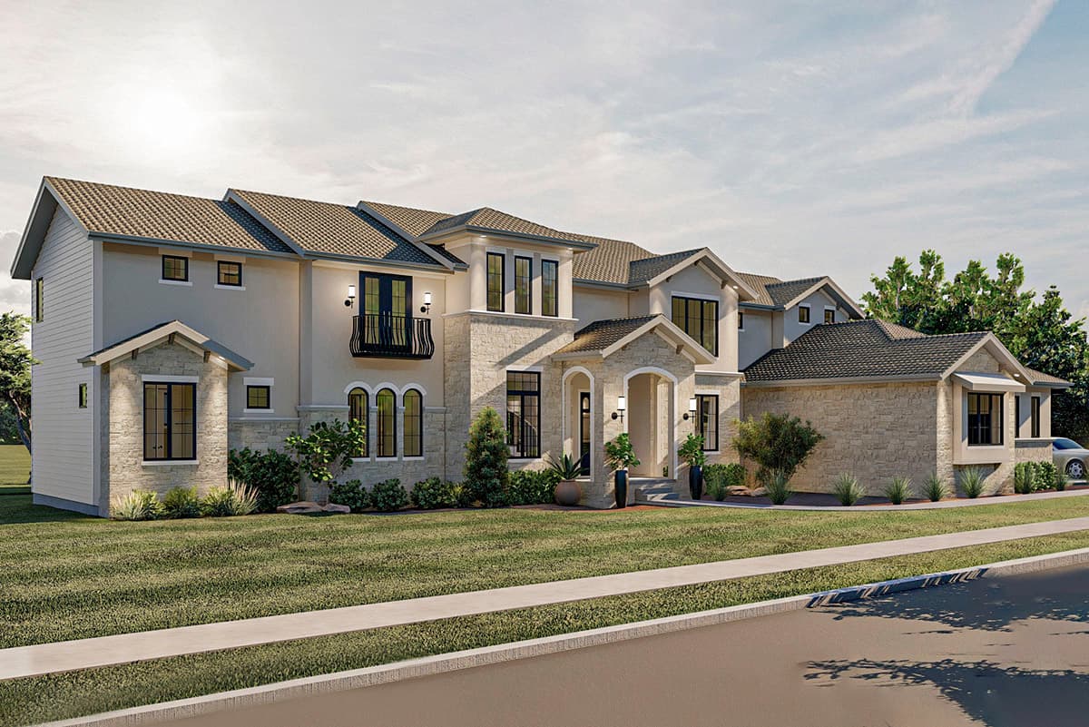 House plan exterior. Two-story home with stucco and stone facade, tiled roof, arched entry, and balcony with iron railing.