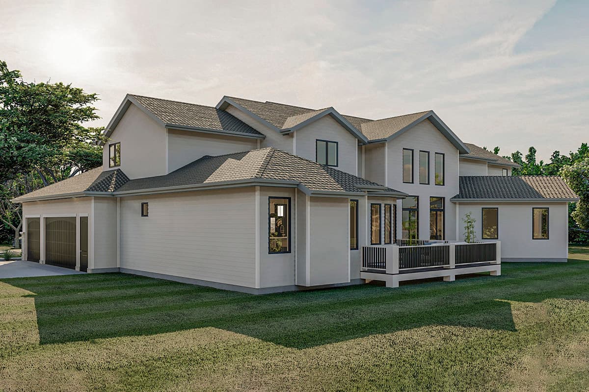 House plan exterior: Two-story home with a three-car garage, multiple gables, and a deck.