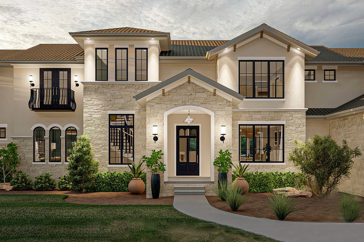 House plan exterior: two-story Mediterranean style with stone accents, arched entry, wrought iron balcony, and multiple gables.