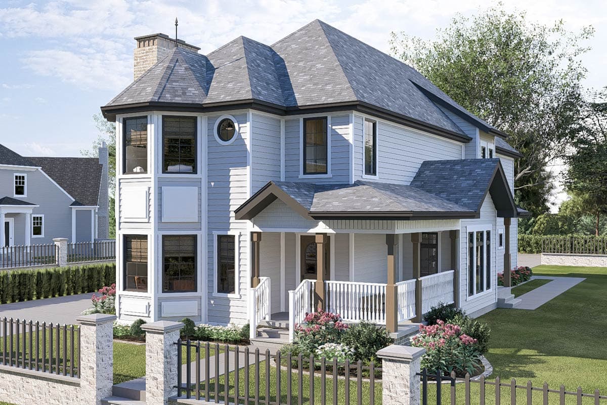 House plan exterior: Two-story home with a hip roof, front porch, brick chimney, and multi-pane windows.