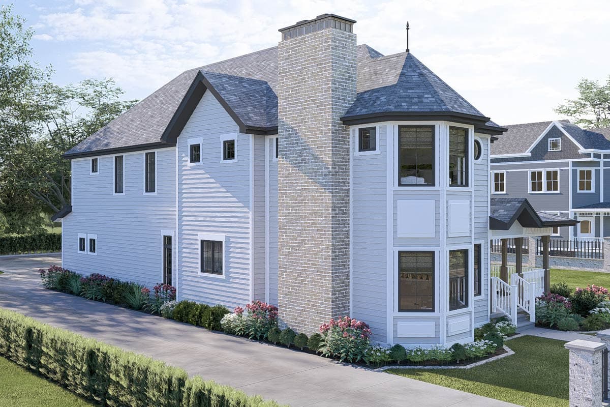 House plan exterior: Two-story home with siding, brick chimney, bay window, and gabled rooflines.