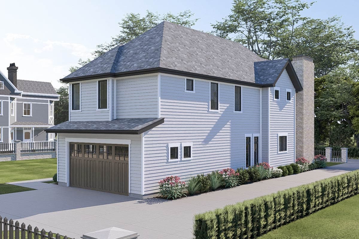 House plan exterior: Two-story home with siding, attached garage, prominent brick chimney, and hip roof.