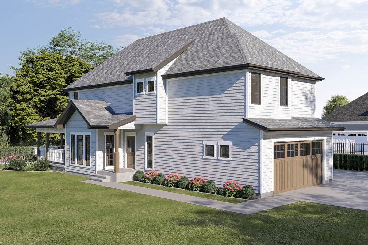 House plan exterior: Two-story house with siding, gabled front porch, bay window, and attached garage.
