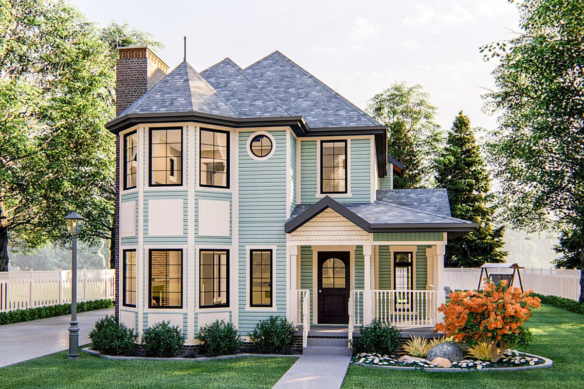 House plan exterior. Two-story home with a wrap-around bay window, front porch with decorative railing, and multiple gable rooflines.