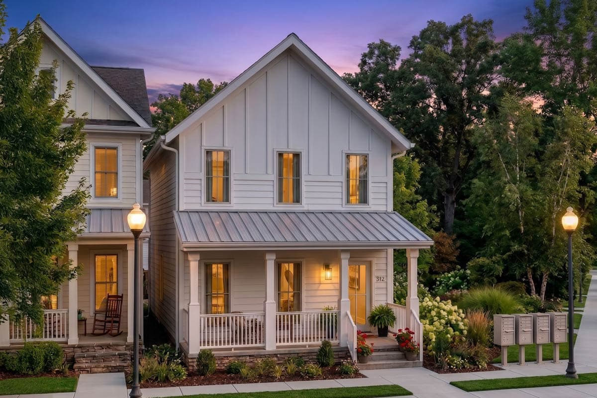 House plan exterior. Two-story, farmhouse-style home with a front porch, gabled roof, and vertical siding. Features include a light fixture.