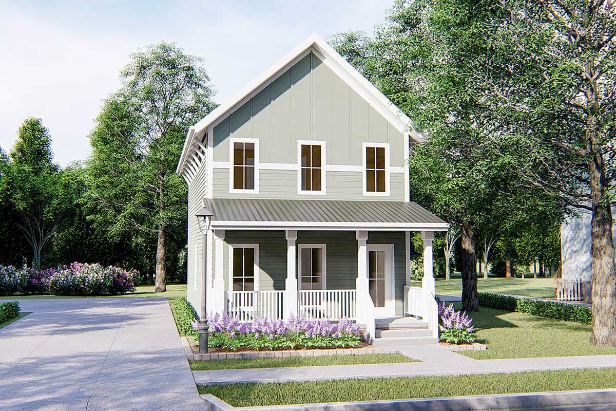 Two-story house plan exterior with a gabled roof, standing seam metal roof, porch with white railing, and vertical siding.