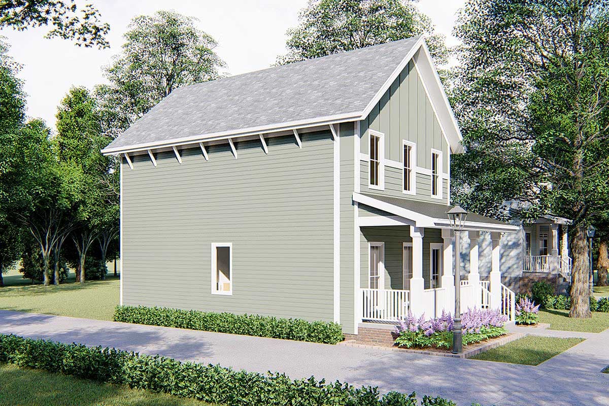 House plan exterior: two-story home with siding, gable roof, front porch with columns, and white railings.