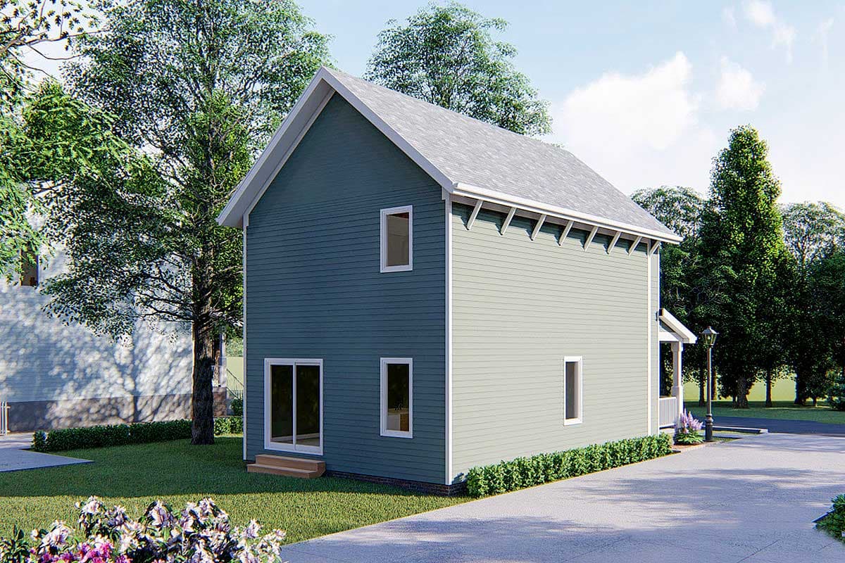 Two-story house plan exterior with vinyl siding, gable roof, exposed rafter tails, sliding glass door, and multiple windows.
