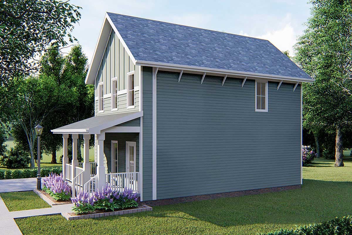 House plan exterior of a two-story home with a covered front porch, board and batten siding on the gable end, and lap siding on the main exterior.