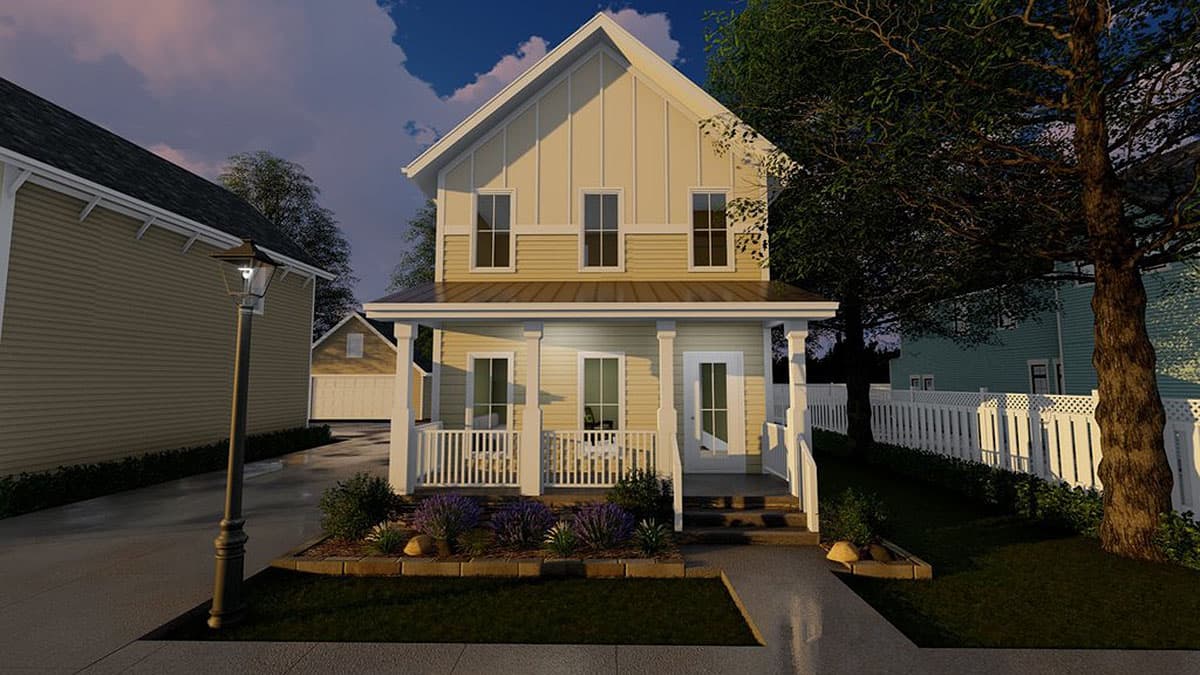 House plan exterior: two-story home with front porch, gables, and three upper windows.