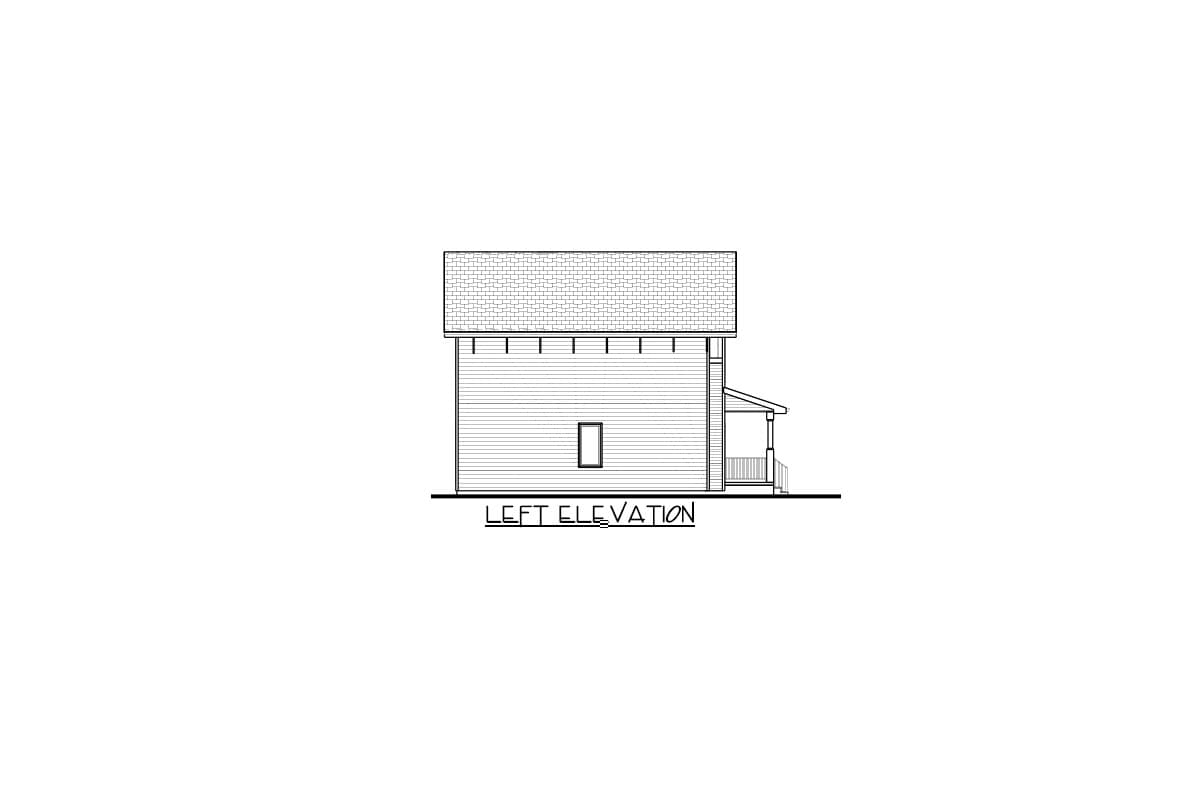 Left elevation drawing of a two-story house plan with a covered front porch and horizontal siding.