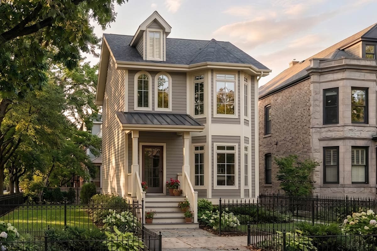House plan exterior. Two-story Victorian style home with gabled roof, dormer, and bay window. Front porch, decorative brackets, and arch-top windows.