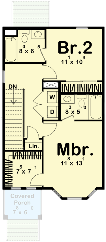 Plan 62557DJ: Narrow Lot Victorian Townhouse with 2 Bedrooms - 1256 Sq Ft - Floor Plan - 2nd Floor - Victorian