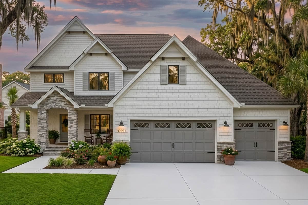 House plan exterior: two-story Modern Farmhouse with triple garage, gabled dormers, stone accents, and covered porch.