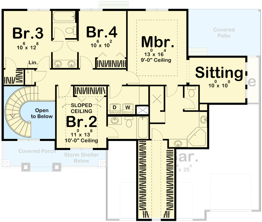 Plan 62558DJ: 4 Bedroom New American House Plan with Open Layout and Curved Staircase - 2664 Sq  - Floor Plan - 2nd Floor - New American, Northwest, Shingle, Traditional