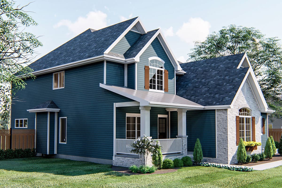 House plan exterior: Two-story Modern Farmhouse with gabled dormers, stone accents, and a covered front porch with white railings.