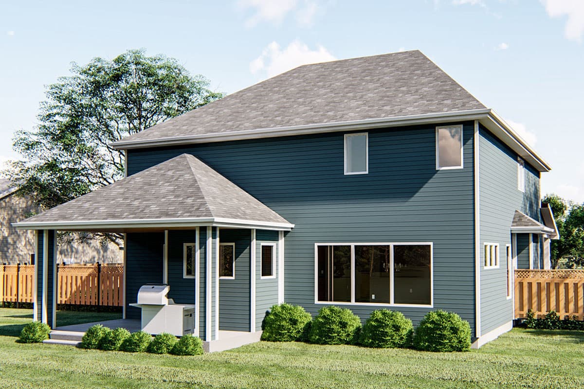 Two-story house plan exterior with dark blue siding, a covered patio with a grill, large windows, and multiple gables.