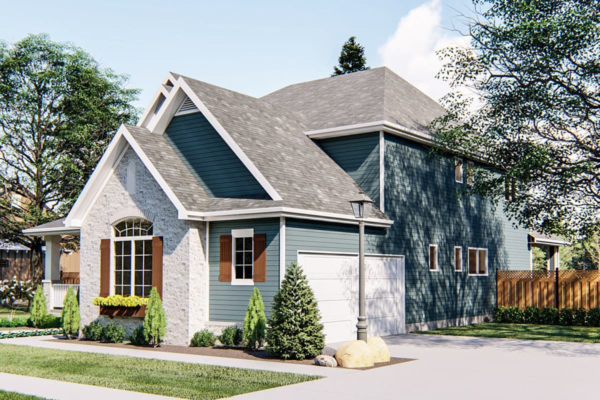 House plan exterior: Two-story home with stone accents, gabled rooflines, bay window with arched top, and side-entry garage.