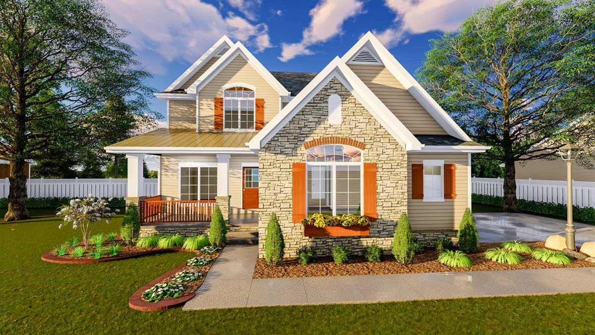 House plan exterior: Two-story home with stone accents, prominent gables, covered front porch, and arched window details.