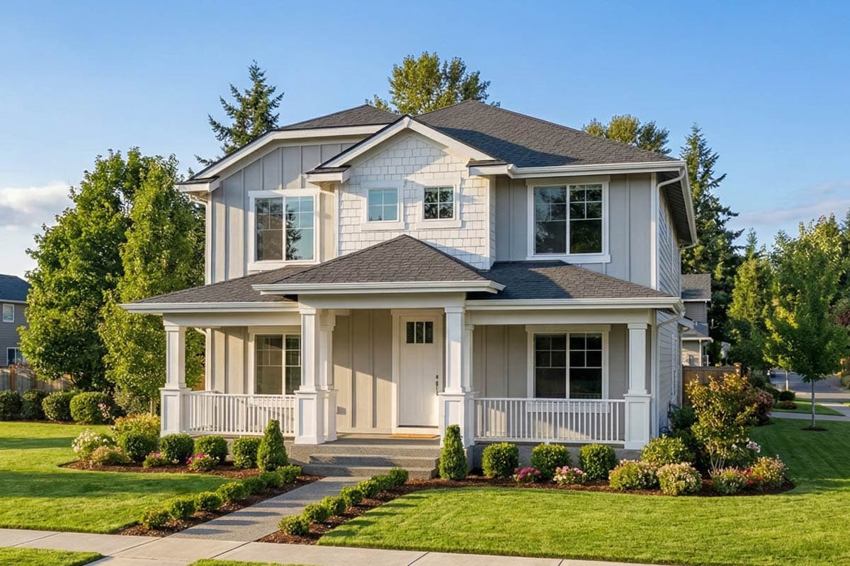 House plan exterior: Two-story home with a covered front porch, gabled dormers, and mixed siding.