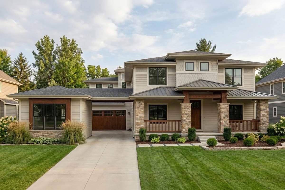 House plan exterior. Two-story Modern house with a covered front porch, stone accents, and a side-entry garage. Flat roof design.