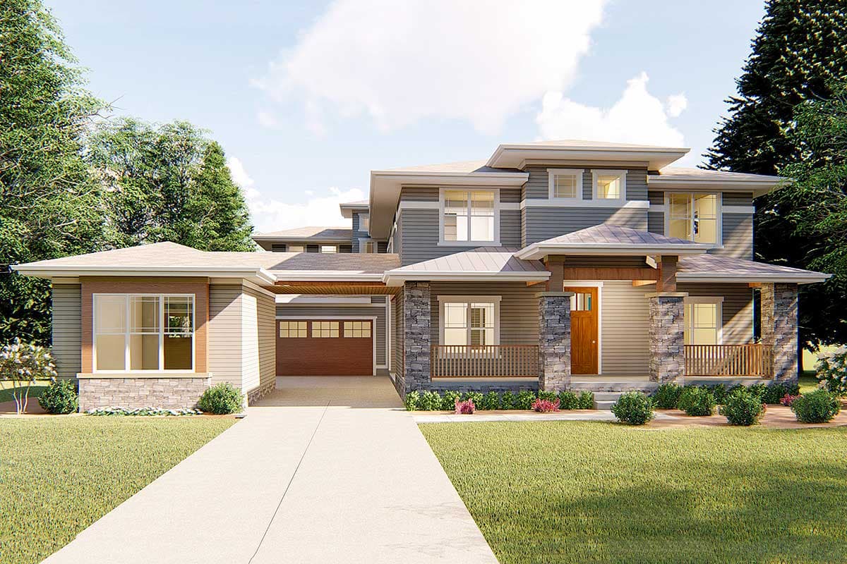 House plan exterior. Two-story Modern house with a covered front porch, stone accents, and a side-entry garage. Flat roof design.