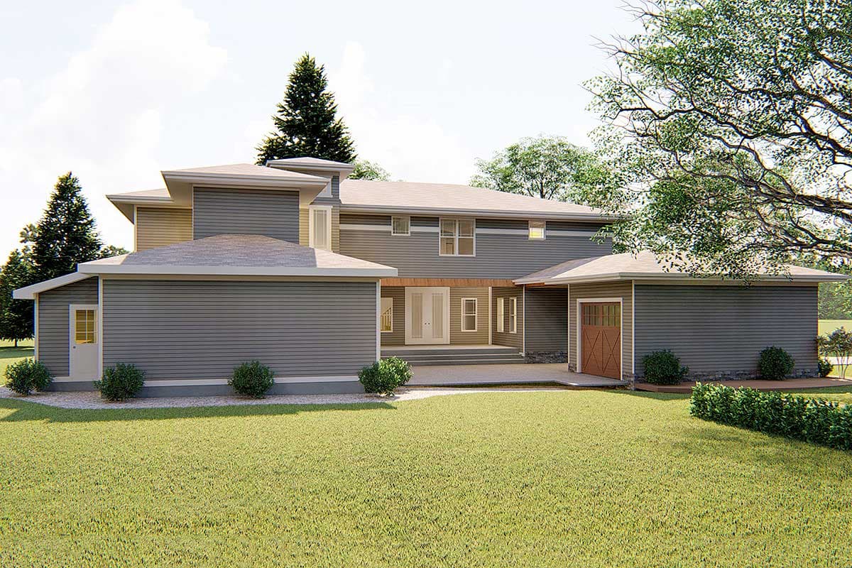 House plan exterior: Modern style, two stories, multiple gables, central porch with double doors, and attached garage.