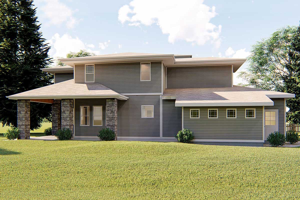 Two-story modern house plan exterior with a covered porch supported by stone pillars and a hip roof.