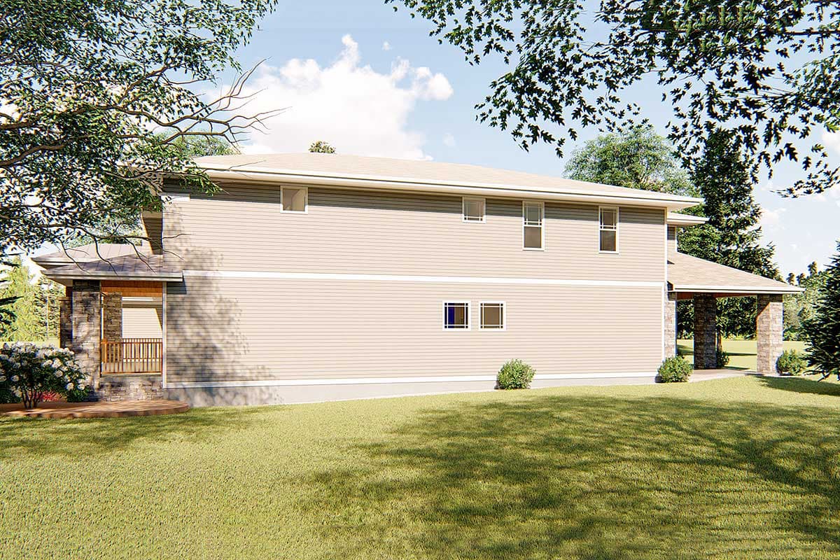 Two-story house plan exterior with stone accents, a covered porch with stone pillars, and horizontal siding.