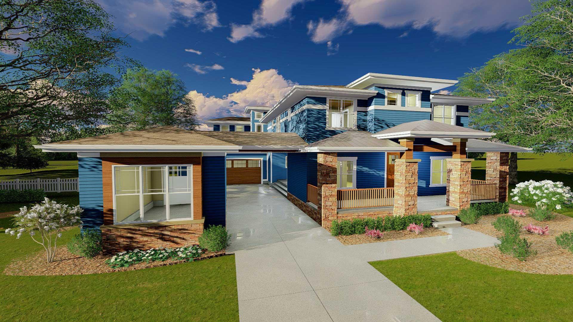 House plan exterior: Modern style, multiple stories, blue siding, stone-clad porch columns, covered entrance, and attached garage.