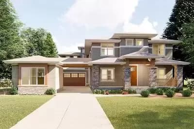 Prairie Style House Plan with Porte Cochere
