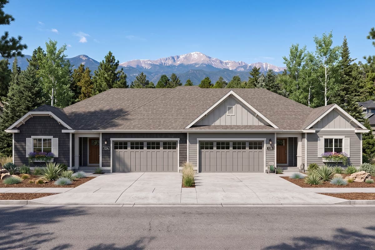 House plan exterior of a single-story duplex with two garages, gable accents, and shingle siding.